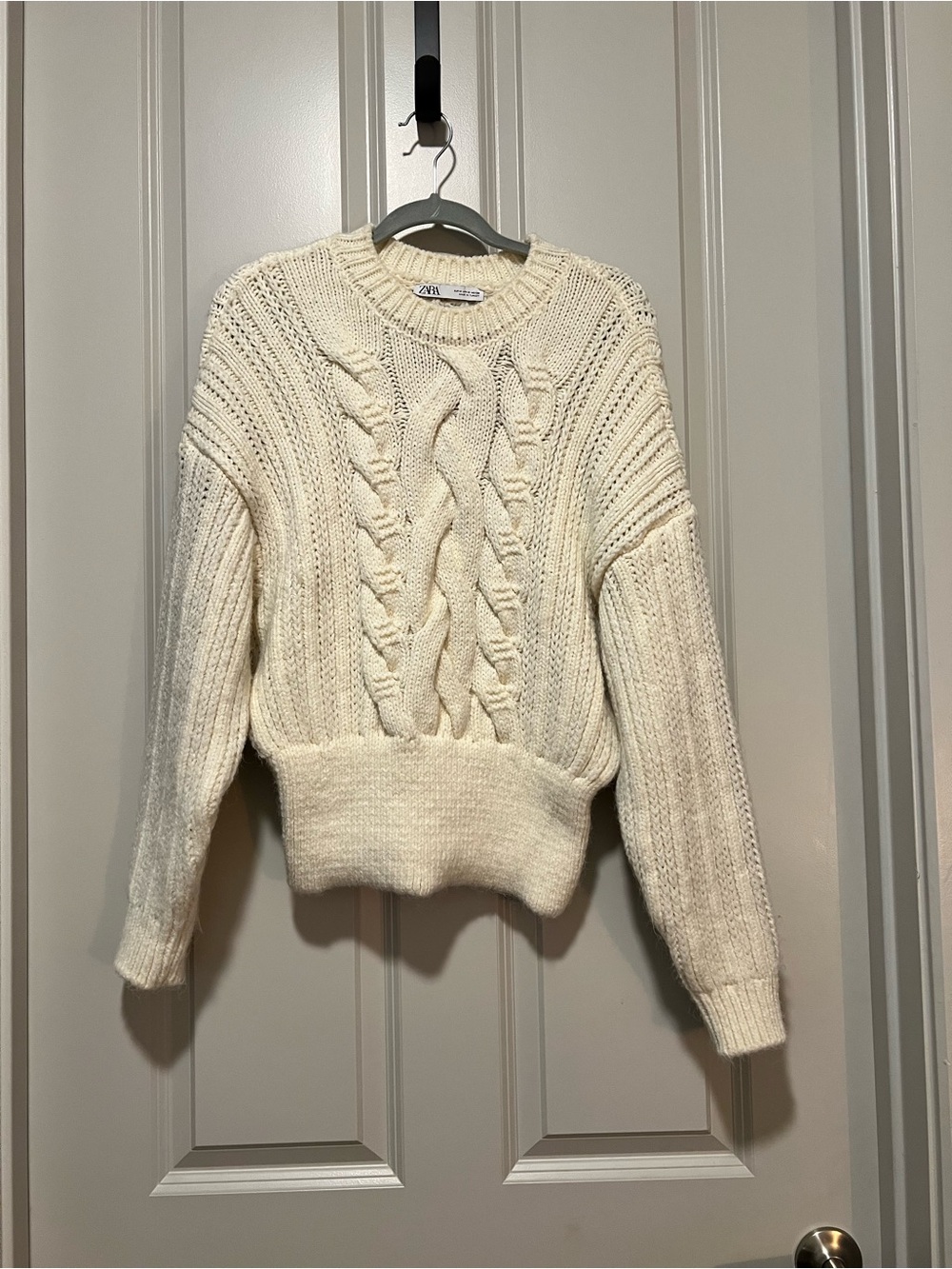 Zara Cream Cable-Front Crewneck Sweater